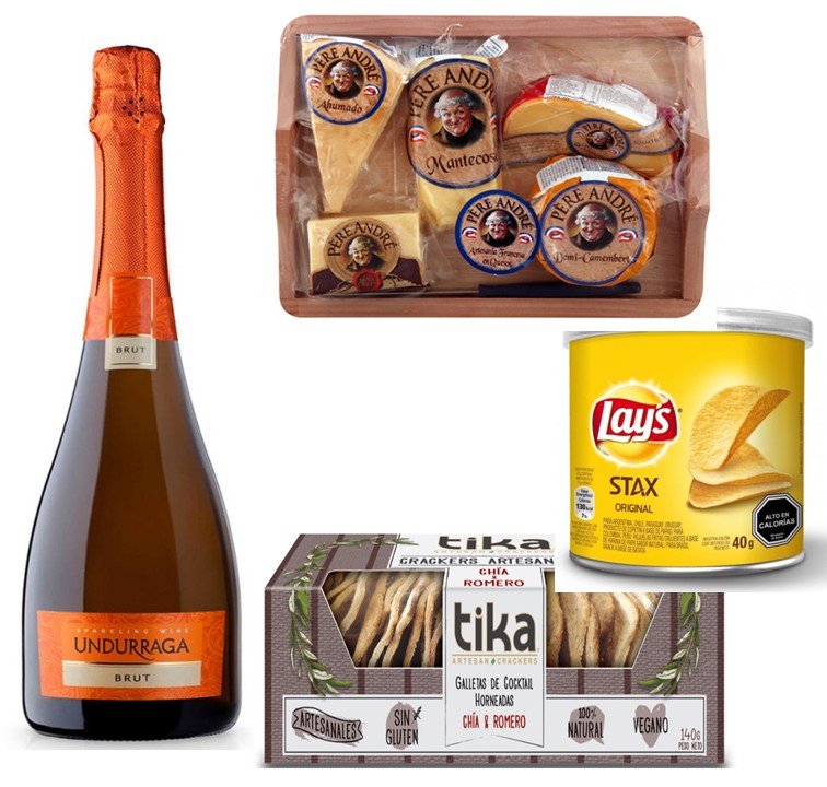 Champagne Espumante, Copas, Tabla 5 Quesos, Galletas Crackers Y Papas Fritas En Tarro