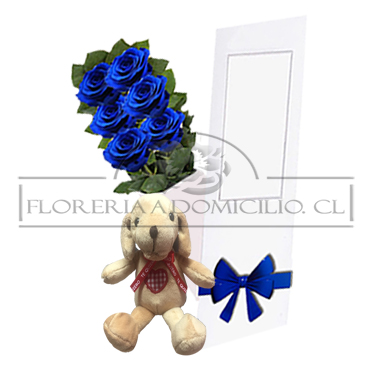 Caja de 06 Rosas Azules ms Perrito 10 cm