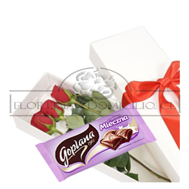 Caja con 03 Rosas más Chocolate de Leche Goplana 90 Grs