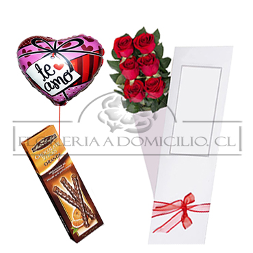 Caja de 06 Rosas ms Globito y Palitos de Chocolate