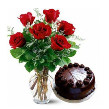 Florero de 06 Rosas más Torta de Cobertura de Chocolate de 15 Personas