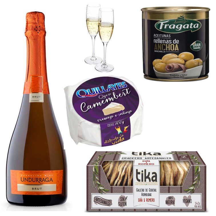 Champagne 750 cc, Queso camembert, Galletas Crackers Artesanales, Aceitunas y Copas