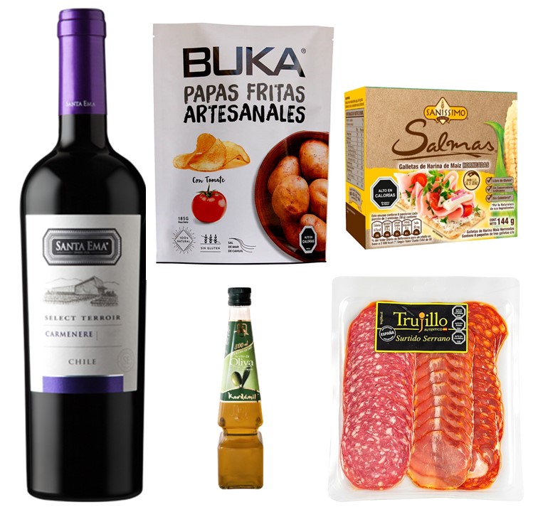 Vino, Galletas Sin Gluten, Surtido Serrano y Papas Artesanales