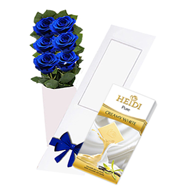 Caja de 06 Rosas Azules ms Tableta de Chocolate Blanco Heidi Pure 80 Grs