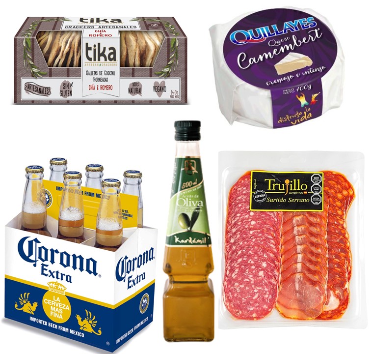 Cerveza Corona, Queso camembert, Surtido Serrano, Galletas Crackers y Aceite