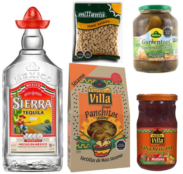 Tequila, Maní, Tortillas de Maiz, Salsa Mexicana y Pepinillos