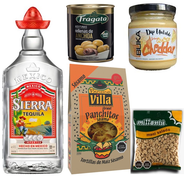 Tequila, Tortillas de Maiz, Salsa Untable, Maní y Aceitunas
