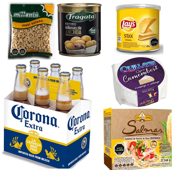 Cerveza Corona, Queso camembert, Aceitunas, Galletas Saludables, Maní y Papas