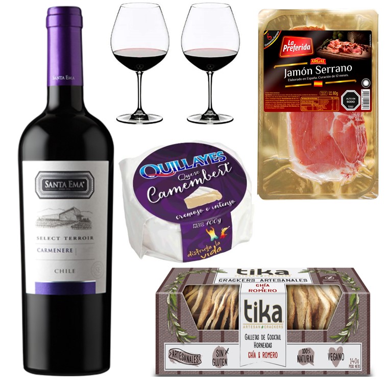 Vino, Queso Camembert, Jamón Serrano, Galletas Crackers y Copas