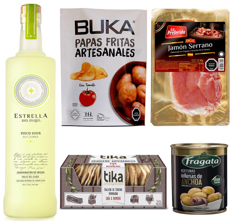 Pisco Sour Jamón Serrano, Galletas Crackers, Papas Artesanales y Aceitunas