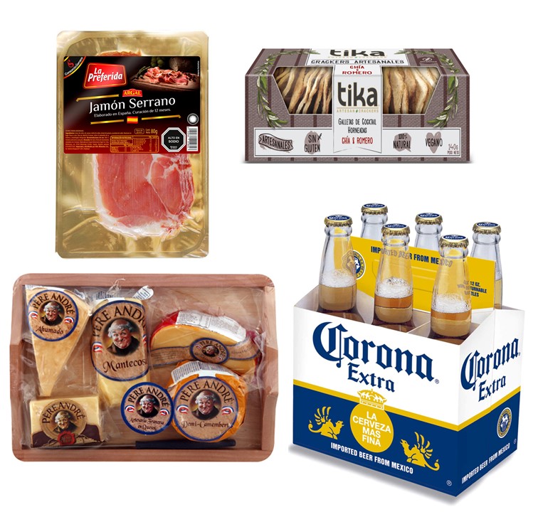 Cerveza Corona, Tabla 5 Quesos, Jamn Serrano Galletas Crackers